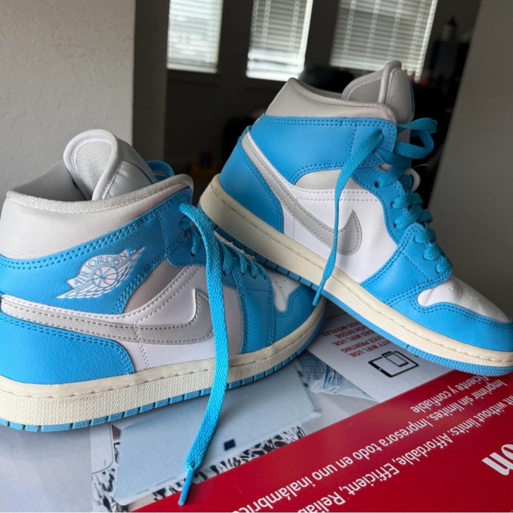 blue and white sneakers, athletic shoes, retro style, high-top, casual footwear